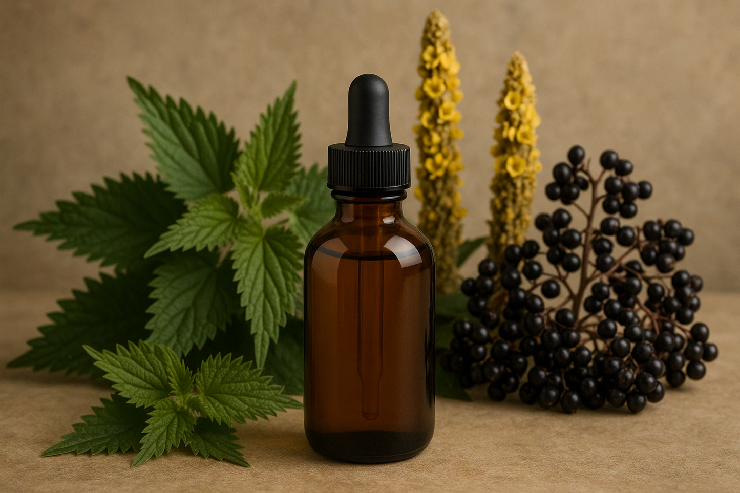 create a 4 ounce dropper with nettle, mullein, and elderberry in the background